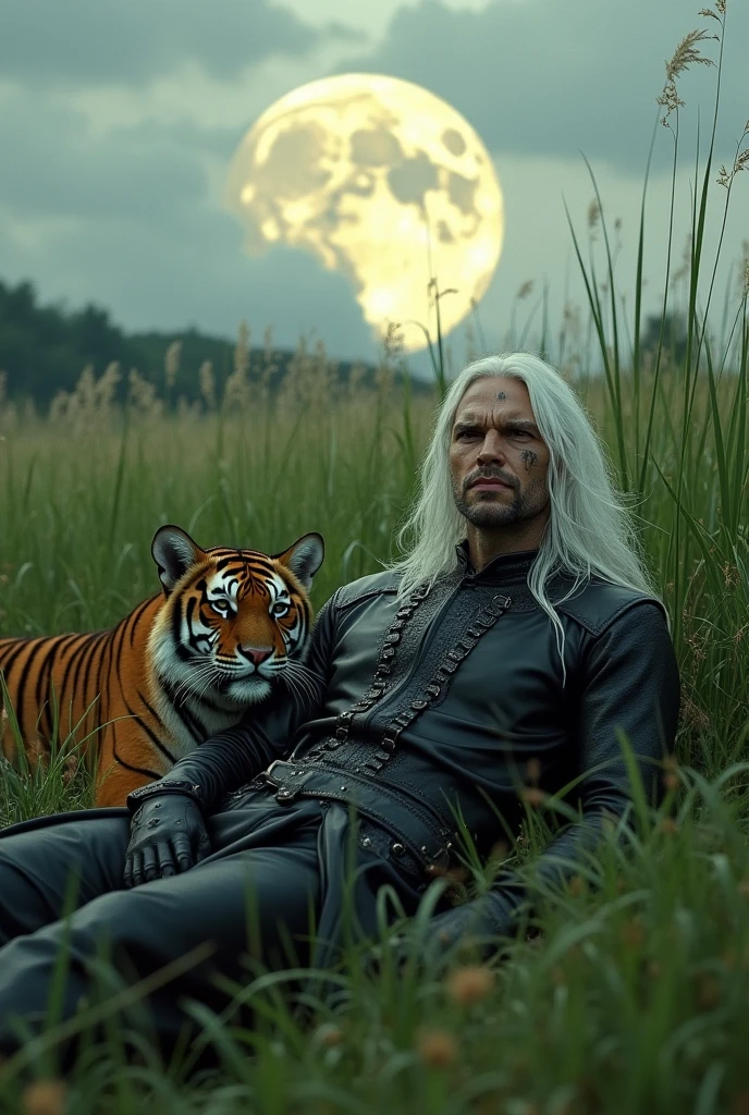 Male necromancer scarred skinny black leather armour long white hair resting  in high grass with young tiger harvest moon art deco style 