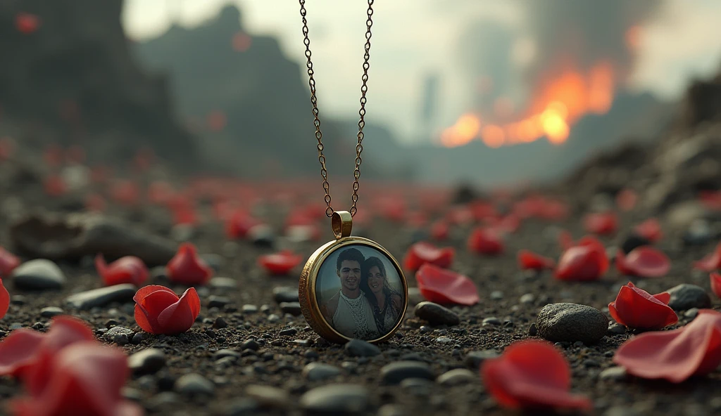 2024; (masterpiece, best quality) destroyed farms roses(((white and red roses))) on the floor; flowers on the ground; small necklace with a small photo of a couple a love heart Down(close-up); bombs falling from the sky.; fire around.