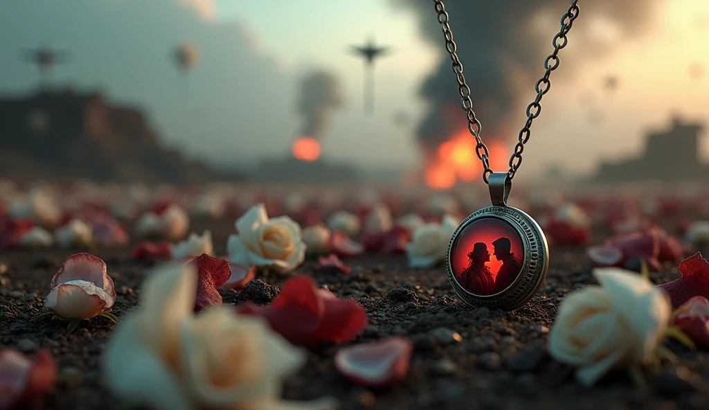 2024; (masterpiece, best quality) destroyed farms roses(((white and red roses))) on the floor; flowers on the ground; small necklace with a small photo of a couple a love heart Down(close-up); bombs falling from the sky.; fire around.