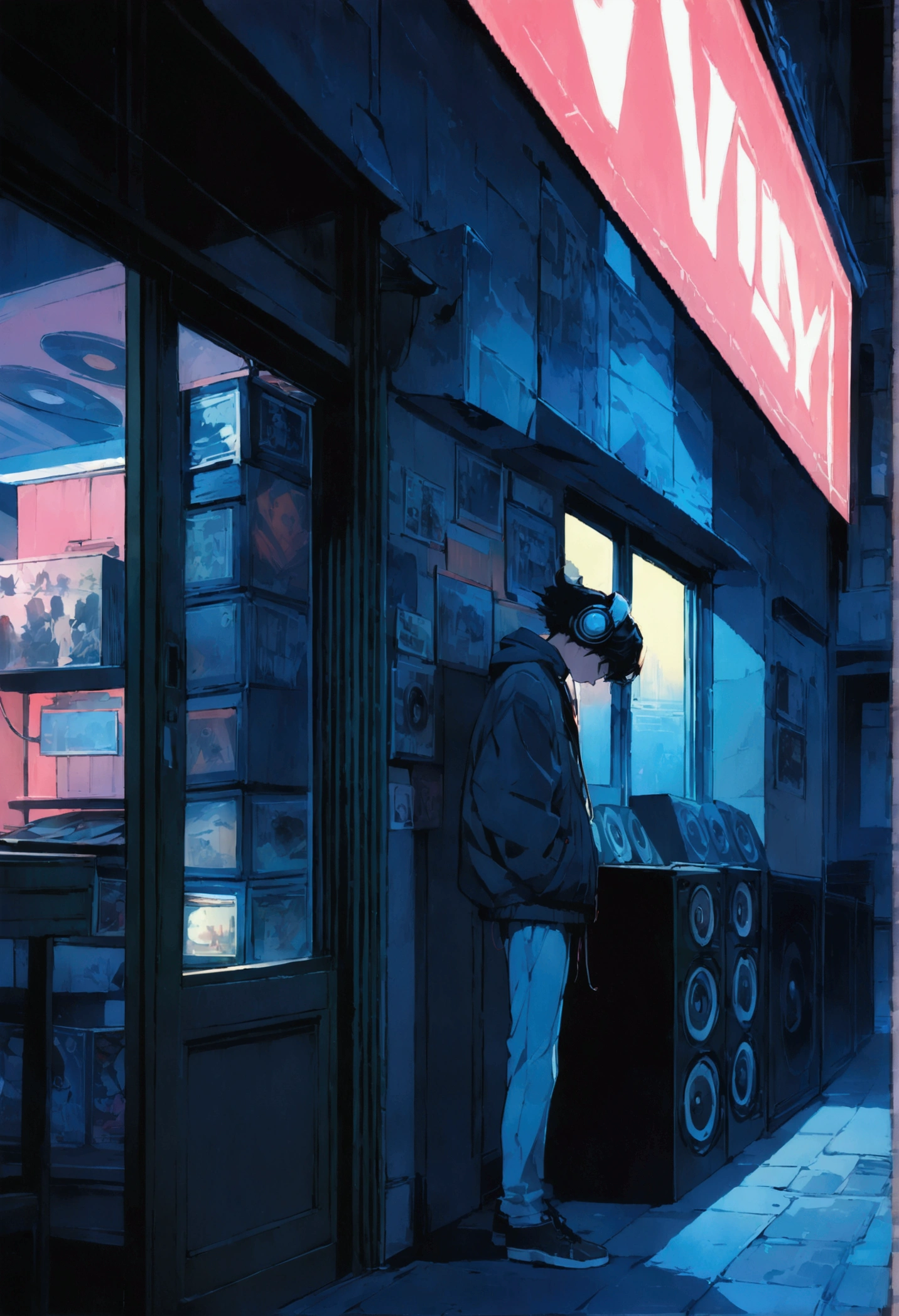 1 boy,Photo of a man wearing headphones and listening to music, Text Why you?, Super detailed, Vintage Wave, cyber punk, Sad mood, Light coming through the window, Night scenery, One Bedroom, 2d, (Shot from a distance), Wide Shot, (Movie noise), Old cartoons, (Many records: 1.3), vinyl record store, (masterpiece, Very high quality, Very high quality, Official Art, beautifully、aesthetic: 1.2), (Very detailed, (fractal art: 1.4 ), guitar, (Note: 1.4), (Lo-fi hip hop), Side view, Old Anime Texture, alone, speaker, cyber punk, vinyl, night，Exquisite facial details，Cool guy