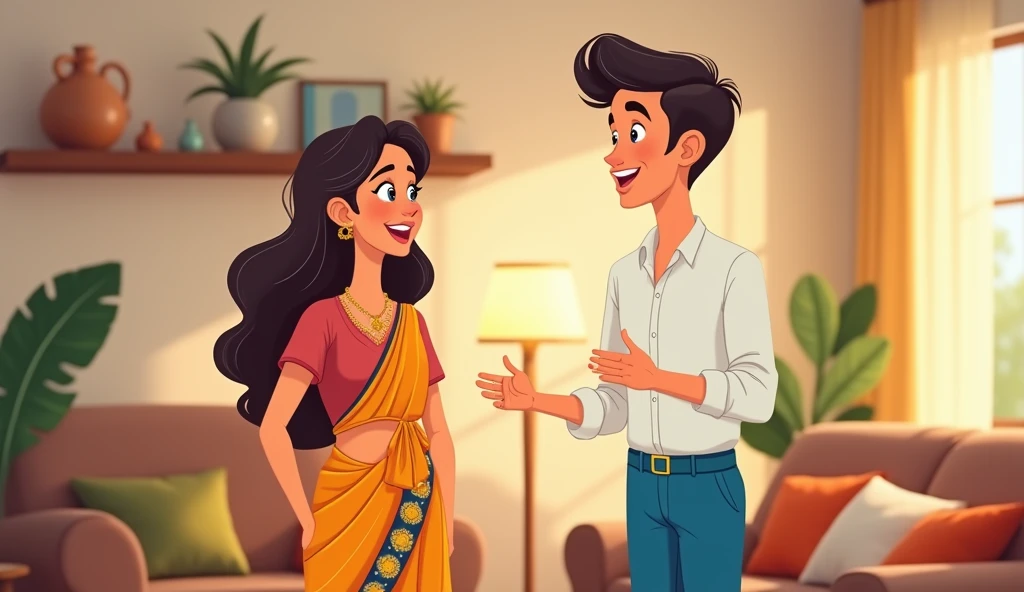Create an cartoon image of a beautiful women wearing saree in front of her a man standing wearing white shirt and blue pant and they were talking to each other inside the house