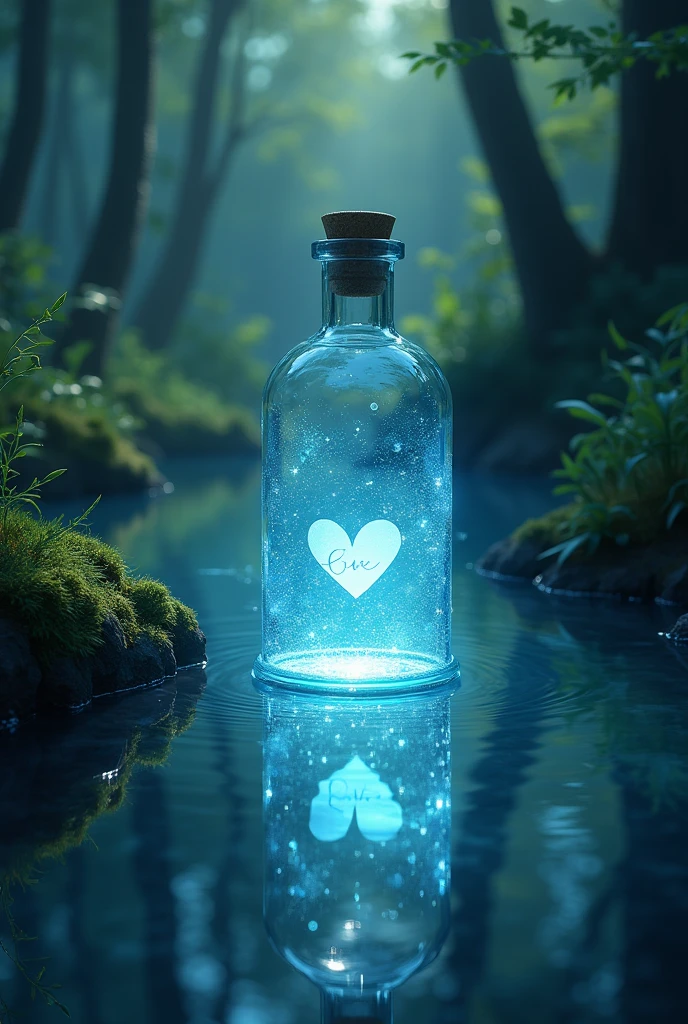 A crystal-clear lake in a secluded forest, with a beautifully intricate glass bottle floating in the water, containing a glowing love letter. The bottle emits a soft, ethereal light, illuminating the surrounding water and casting magical reflections on the nearby trees and plants, Dynamic pose, Strong contrast, Good depth of field, Masterpiece, Aesthetic Mystical illustration in realistic style, best quality, natural light, high res, highly detailed, All the colors and materials in this work are very harmoniously combine, Like the same color. Best quality. 8K Ultra HD. bioluminescent nature,
