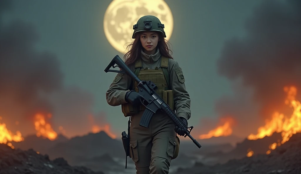 Photorealistic、Realistic skin texture、Automatic rifle、high resolution、High definition、Arabian-Japanese girl in camouflage uniform、Very beautiful 1 female soldier、Carrying a military backpack、Wearing a military helmet、Holding an M16 rifle、Wear a bulletproof vest、The background is a burning building、Smoky battlefield、The background is the night sky、An extra-large full moon in the center of the screen、The person is a full-body angle、Walking towards here、Watching the audience、