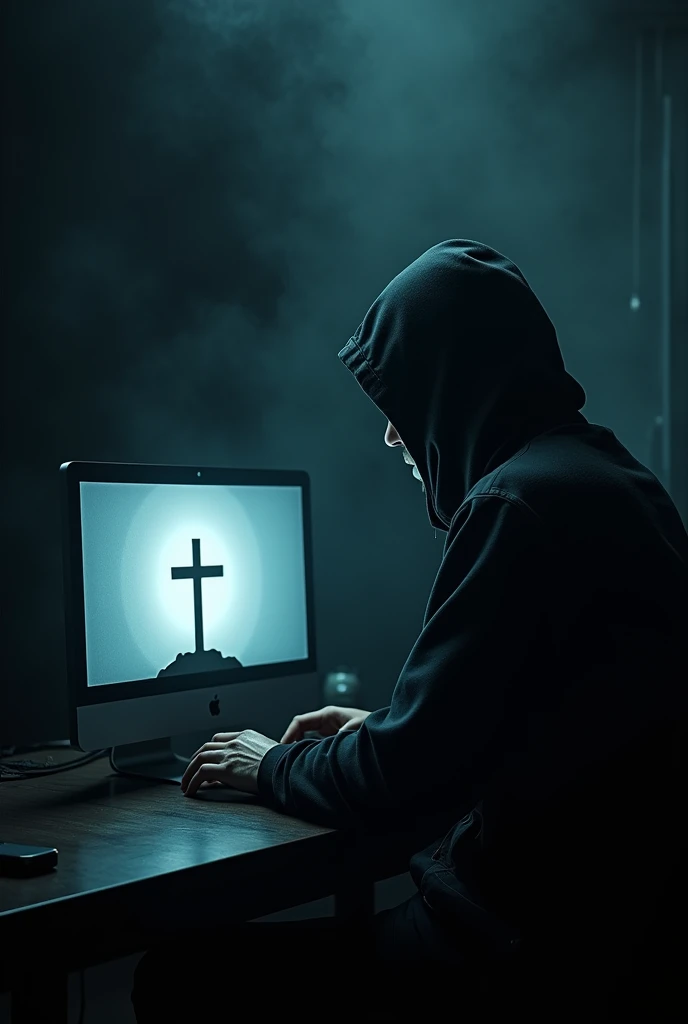 a man in a hood in a dark room in front of a computer on the computer screen there must be a Christian cross 
