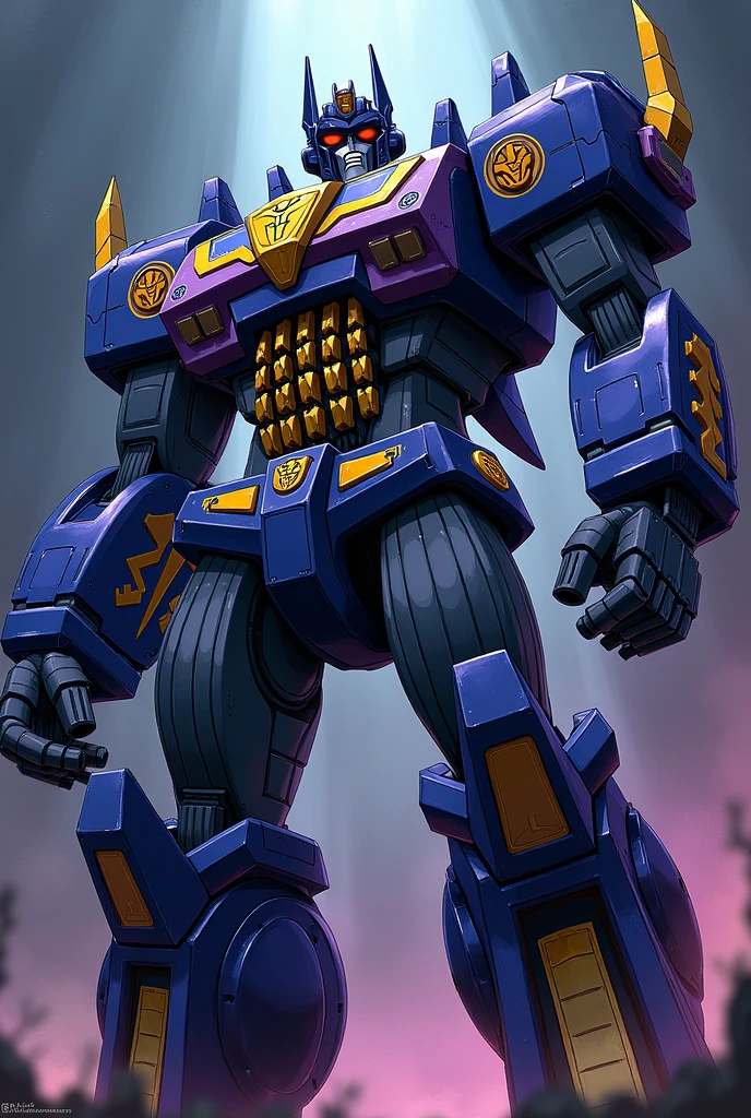 I want an illustration of the transformers decepticon Dark Nova the emperor of the decepticons with six blue arms three arms on the left and three arms on the right dark with small yellow blades on them in his robot mode with a megatron head with a fanged mouth, and an Egyptian helmet and a mechanical tail backwards, legs like a varitech robot, the large decepticon symbol in giant violet on the armor of his ear and a vertical mouth with pointed teeth on his stomach, all in blue, golden yellow tentacles coming out of his ribs 