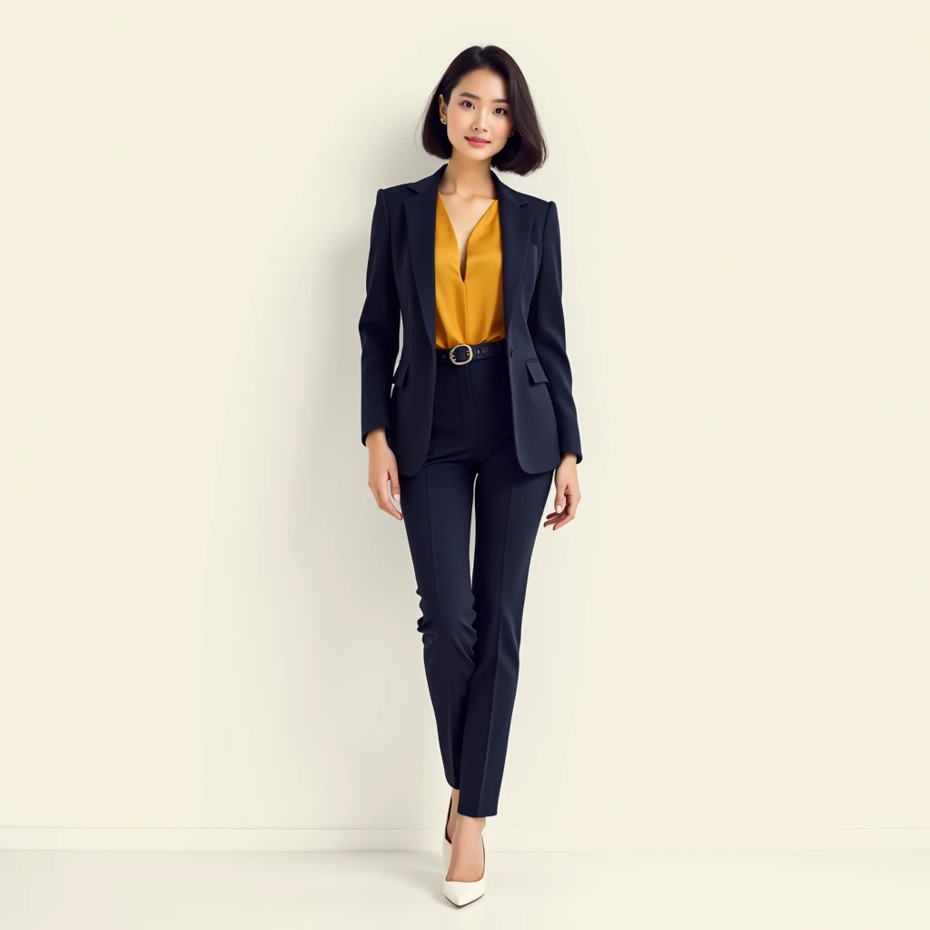 captured with a Sony α7 III camera, young Asia, an narrow waist, wide hips, and a full bust. The proportions are highly stylized, with a sharp contrast between the tiny waist and the expansive curves of the hips and chest, full body shot, fitted blazer Deep navy in color above the hip line, belted blazer is closed showing her hourglass body, inner Blouse Mustard yellow, straight cut trousers high heels white, standing straight, creamy white background.