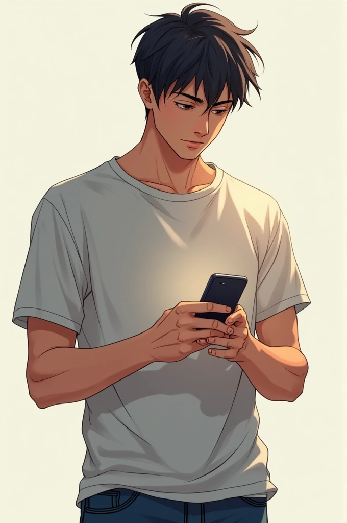 A handsome young man standing with his phone in hands, he's focused, he wears casual outfit, anime style, realistic full body portrait