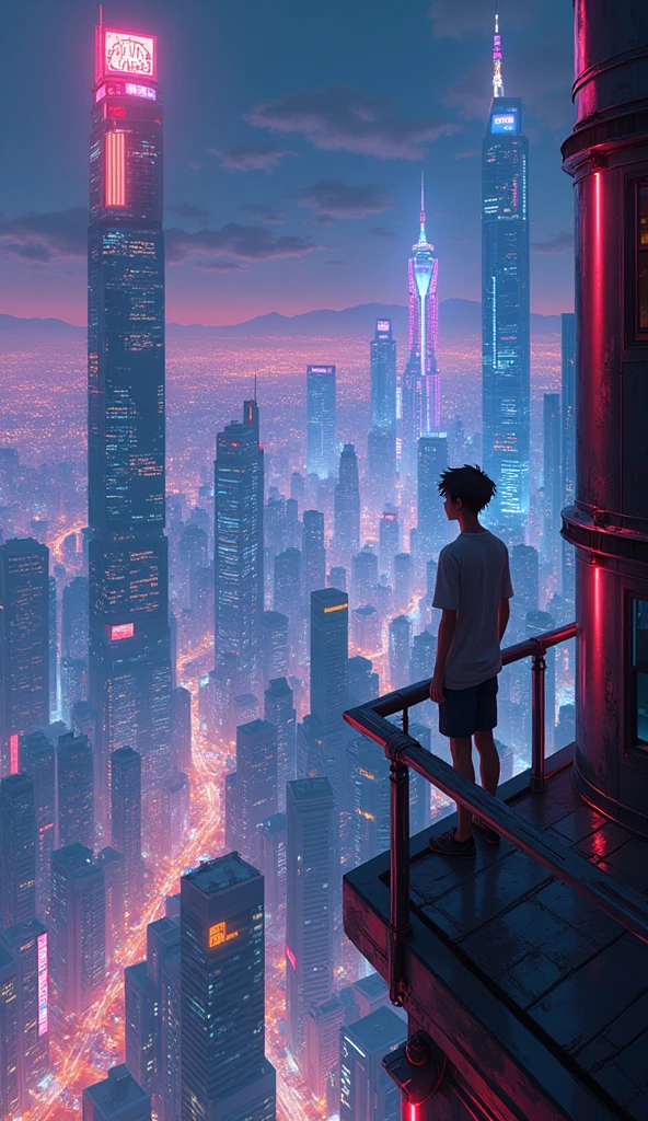 anime cyberpunk theme age boy looking at the city from a balcony of a tallest among all the skyscrapers overlooking a neon glowing city(wide angle view)(glowing effect), makoto shinkai cyril rolando, makoto shinkai. —h 2160, style of afrofuturism aerial view,, ( ( makoto shinkai ) ), makoto shinkai. digital render, makoto shinkai!, beautiful anime sceneHawaii, gta vice style , illustration , reteo comic illustration