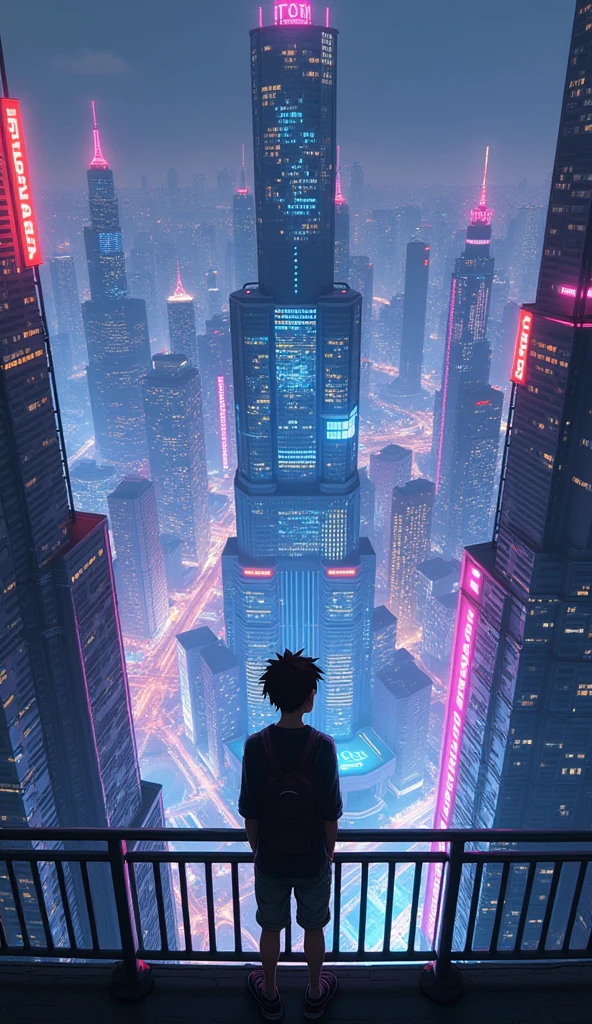 anime cyberpunk theme teenage boy looking at the city from a balcony of a tallest among all the skyscrapers overlooking a neon glowing city(wide angle view)(glowing effect), makoto shinkai cyril rolando, makoto shinkai. —h 2160, style of afrofuturism aerial view,, ( ( makoto shinkai ) ), makoto shinkai. digital render, makoto shinkai!, beautiful anime sceneHawaii, gta vice style , illustration , reteo comic illustration