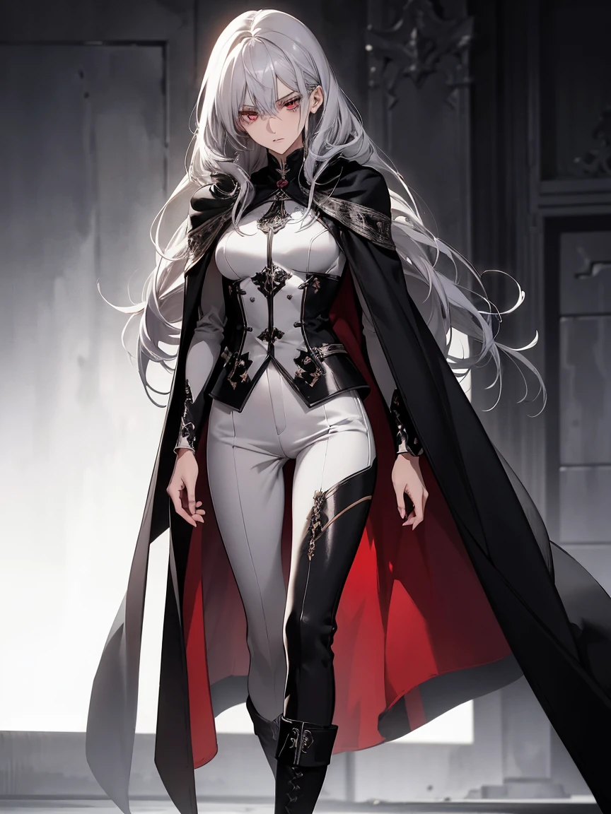 (Confused, High resolution, Very detailed), 1 female, Silver Hair,Long Hair,Crimson Eyes,Black and white clothes,27th generation,beauty,mature,thin,quiet,Calm,Stern face,Long Cape,Slender and thin,boots,skinny pants,observatory,Small breasts,