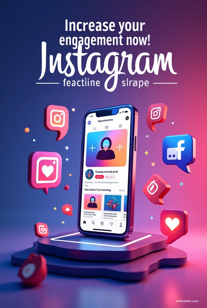 Imagine a vibrant and engaging image, designed to attract attention on Instagram. The visual should have a dynamic background with bright and modern colors., like shades of purple, Pink, and blue. At the center, there is a smartphone displaying the Instagram interface, highlighting a featured post with lots of likes and comments. Around the cell phone, engagement icons, like hearts, sharing arrows and comment bubbles, float attractively. At the top, a catchy phrase says: 'Increase your engagement now! Easy, fast and free!' with a modern and striking font