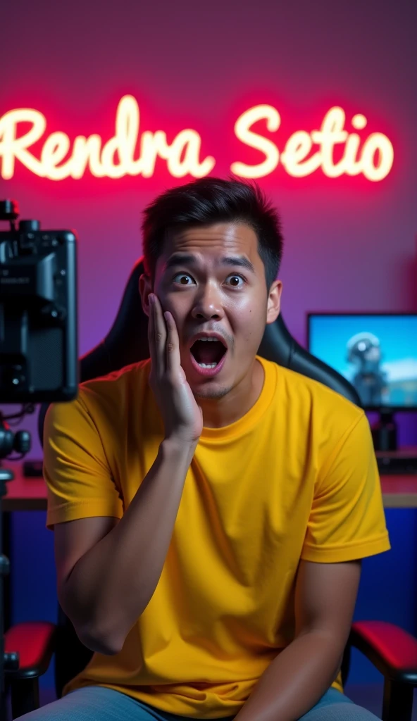original photo. young man with an Indonesian face.  hand on cheek, expression shocked, mouth open, eyes bulging. looking at the handphone camera. wearing a yellow  minion t-shirt. in front of the camera and tripod as if you were live streaming in a professional studio with a gaming chair. The back wall has the name "RENDRA SETIO" written in neon writing. the room looks aesthetic. Ultra-realistic 8K photos, taken with Leica Q2, strong color contrast and sharp clarity --ar --quality 2 --