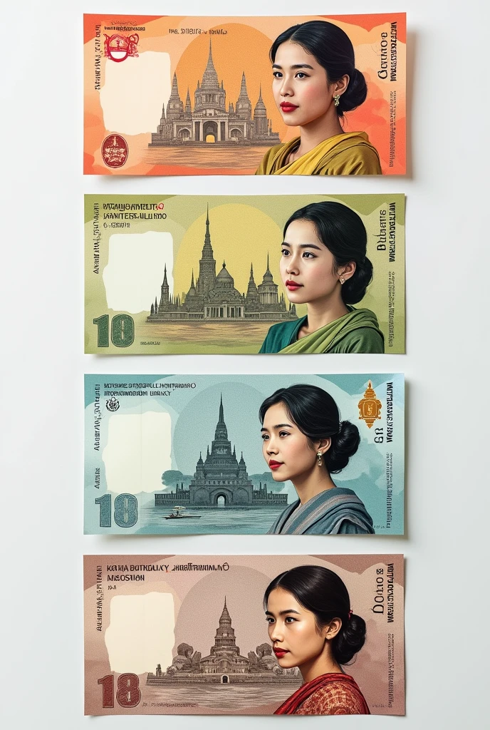 I wanna make my own plastic banknotes for 100, 200, 500, 1000, 5000, 10000, 50000 RISES as usual, in different colors. At the front side of 15.5 cm x 6.9 cm of notes, young Daw Aung San Su Kyi pic will appear with the value, and at the back, different Myanmar’s popular places will appear. Note; white watermark is at the left side of front view, and if couse at the right side of back mote. Make them in one sheet as a professional. Make them like JAPANESE YEN
