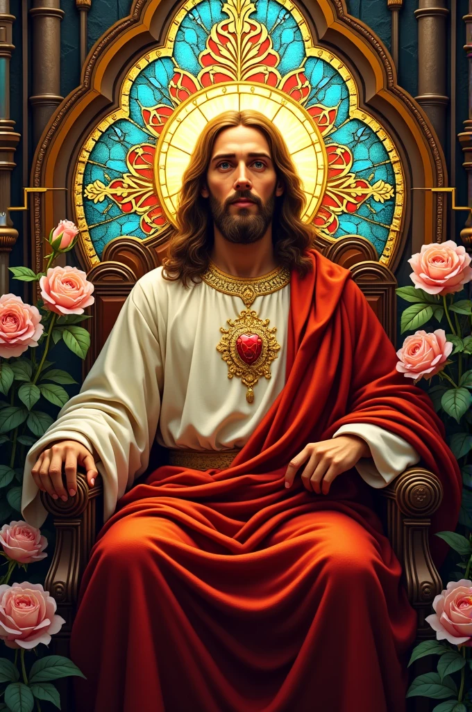 Jesus Christ, depicted in the traditional Byzantium art style, sits enthroned amidst a resplendent backdrop of intricately designed stained glass, bursting with vibrant, kaleidoscopic colors that refract and scatter light, as if emanating from the divine figure itself. Delicate, curved lines and ornate details adorn the stained glass, evoking an atmosphere of reverence and mysticism. Roses, symbolizing divine love and spiritual growth, surround Jesus, their soft, velvety petals unfolding like lotus flowers around the holy figure. Christ's gentle, compassionate face, with its subtle, enigmatic smile, radiates an aura of serenity, his skin a warm, golden brown. The stained glass artwork, a masterpiece of Byzantine craftsmanship, shines with an otherworldly light, as if the very essence of the divine has been infused into the artwork, bathing the composition in an ethereal glow.