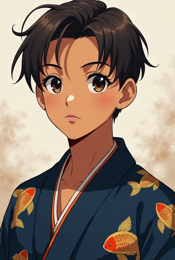 Male character r with brown skin and slicked back hair, dark brown eyes, wearing a dark blue kimono with a gold fish print, anime styling
