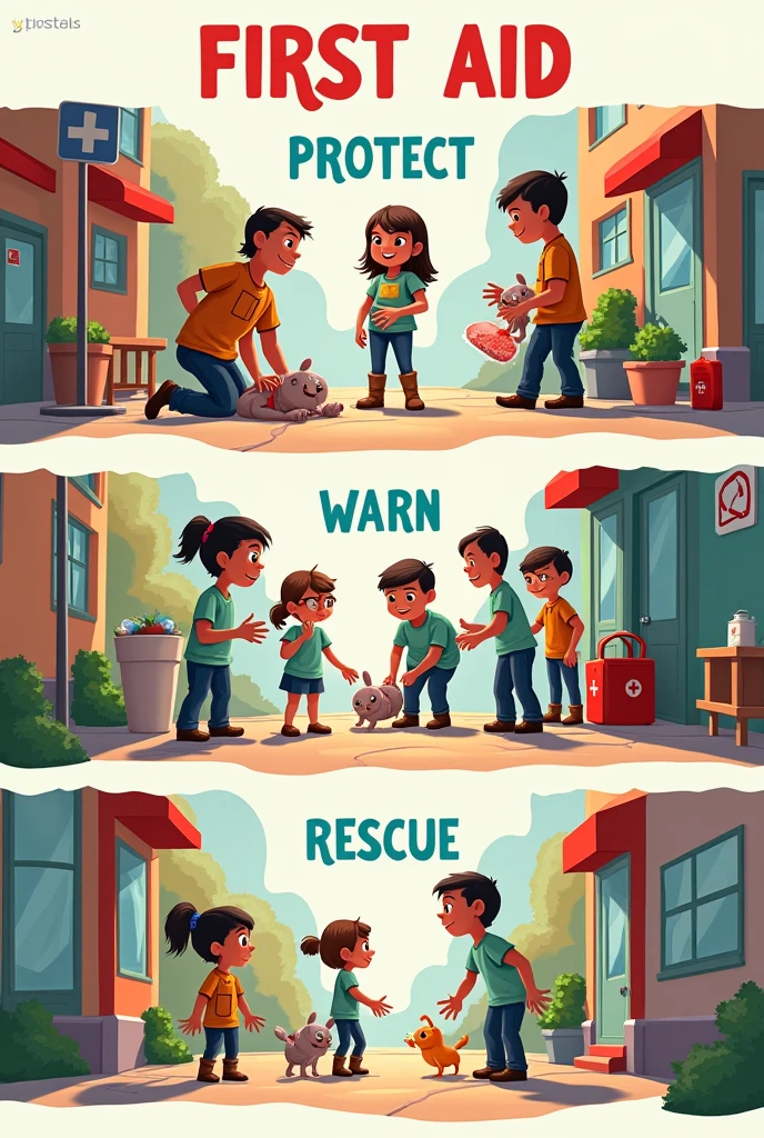 A Pixar-style drawing about the 3 steps of first aid: protect, warn and rescue
