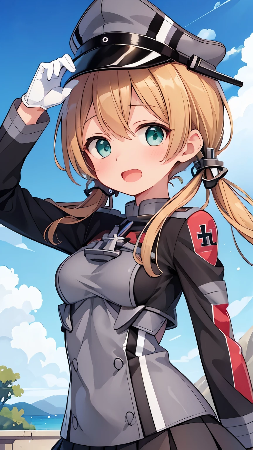 (masterpiece, best quality, illustration, delicate details, 8K:1.2),upper body,1girl,solo,small face,(blushing:1.2),hapy,open mouth,(looking at viewer:1.5),outdoor,blonde hair,twintails,hair ornament,military uniform,anchor hair ornament,peaked cap,white gloves,low twintails,iron cross,breasts,smile,long sleeves,military hat,long hair,green eyes,aqua eyes,microskirt,black thighhighs,black skirt,pleated skirt,