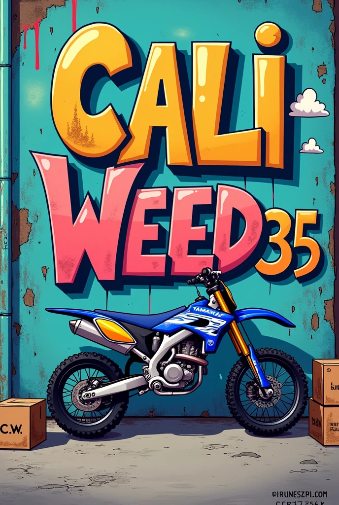 springfield dans un parc avec un mur ou il y'a tagé Cali Weed35 avec des feuilles de weed et contre le mur a droite une moto cross 250 yz yamaha rouge et noir avec avec 3 boites marron a gauche avec ecrit C.W dessus en cartoon