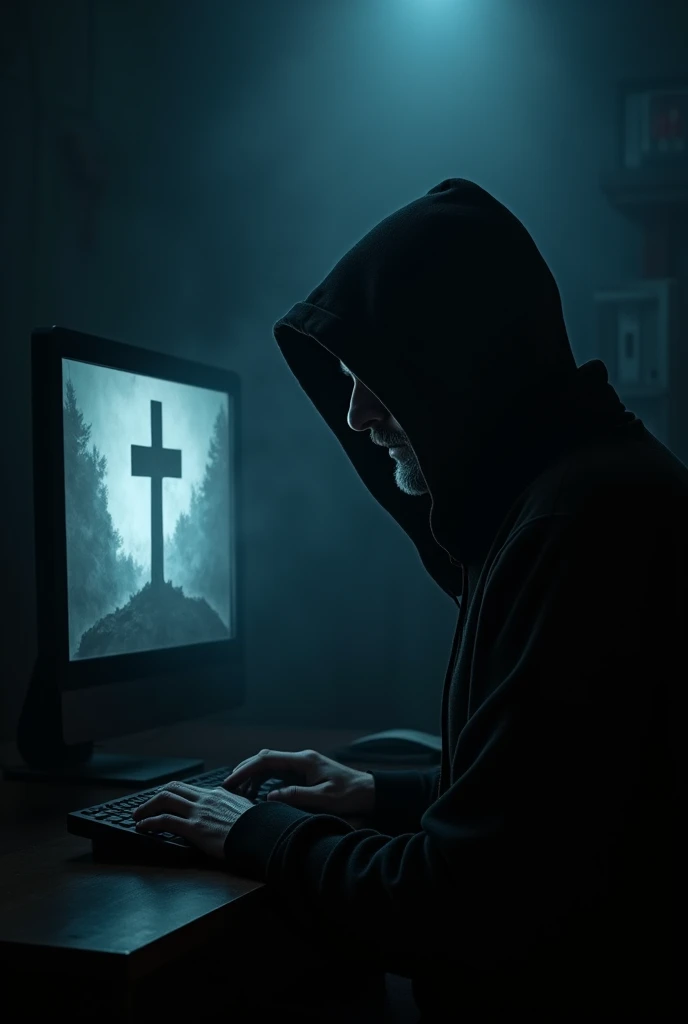 a man in a hood in a dark room in front of a computer on the computer screen there must be a Christian cross