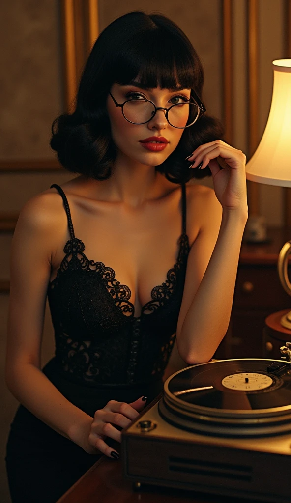 colour 1940s english sophisticated trophy wife femme fatale female formal dress that invorpatehip hop aspects, bangs hairstyle with formal posture very equsite quaint elegant with glasses elegantly scratchingthe viynl record player warm color palette lighting,moody,mysterious,sensual,sophisticated