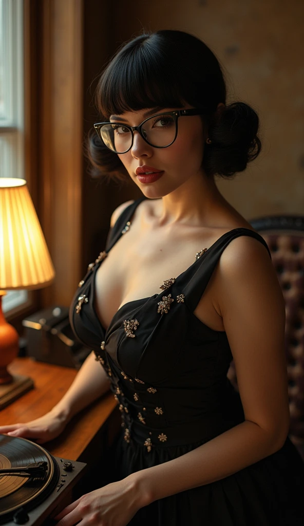 colour 1940s english sophisticated trophy wife femme fatale female formal dress that invorpatehip hop aspects, bangs hairstyle with formal posture very equsite quaint elegant with glasses elegantly scratchingthe viynl record player warm color palette lighting,moody,mysterious,sensual,sophisticated