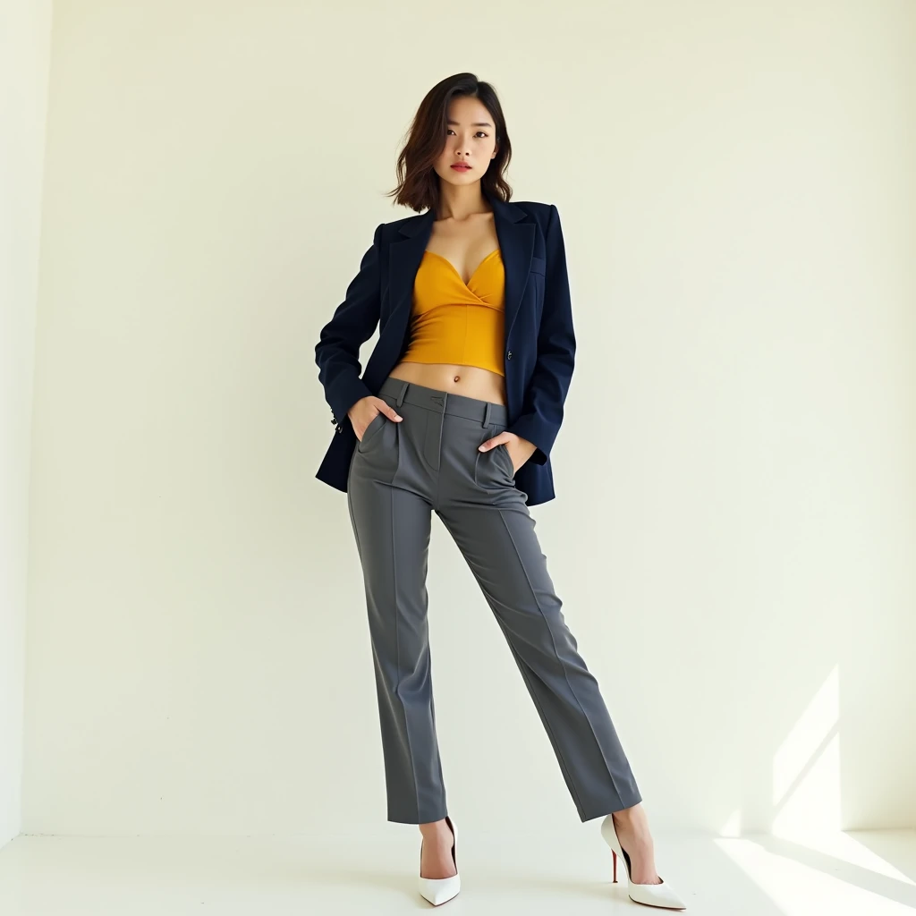 captured with a Sony α7 III camera, young Asia, an narrow waist, wide hips, and a full bust. The proportions are highly stylized, with a sharp contrast between the tiny waist and the expansive curves of the hips and chest, full body shot, fitted blazer Deep navy in color above the hip line, belted blazer is closed showing her hourglass body, inner Blouse Mustard yellow, straight cut trousers grey in color, high heels white, standing straight, creamy white background.