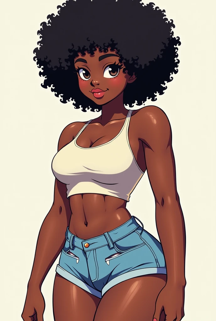 Thick ebony girl with fuzzy hair wearing a tank top and dolphin shorts, anime style