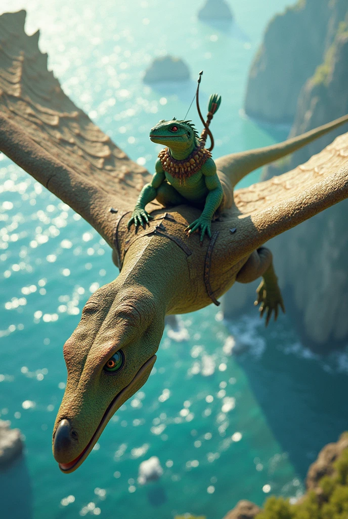 Green scaled reptilian with tribal attire and therefore bow and arrow, rides on the back of a giant pterodactyl reptile with a very long, thin beak, colorful without feathers .she flies over the sea