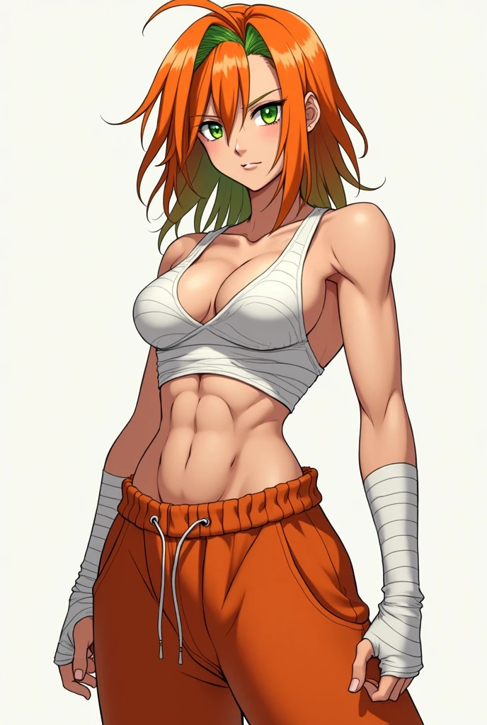 A very muscular anime age woman with orange hair with green highlights and green eyes wearing white bandages to cover her breasts completely and wearing baggy orange pants