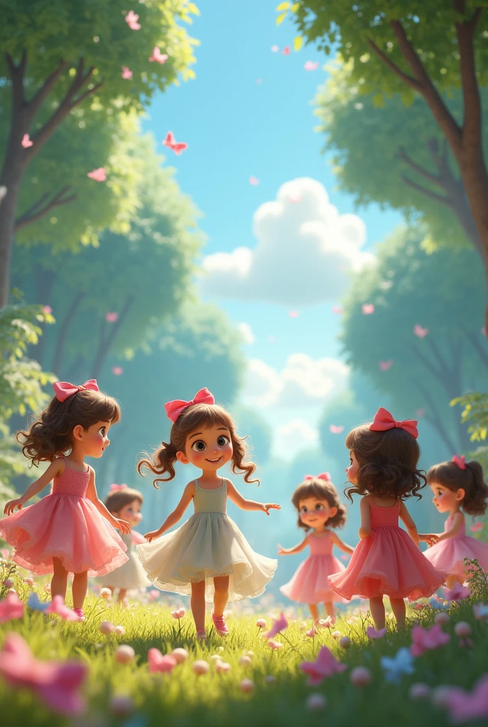 create a pixar style image in a bow paradise with clouds and trees and a bow rain, where many little princess girls play.