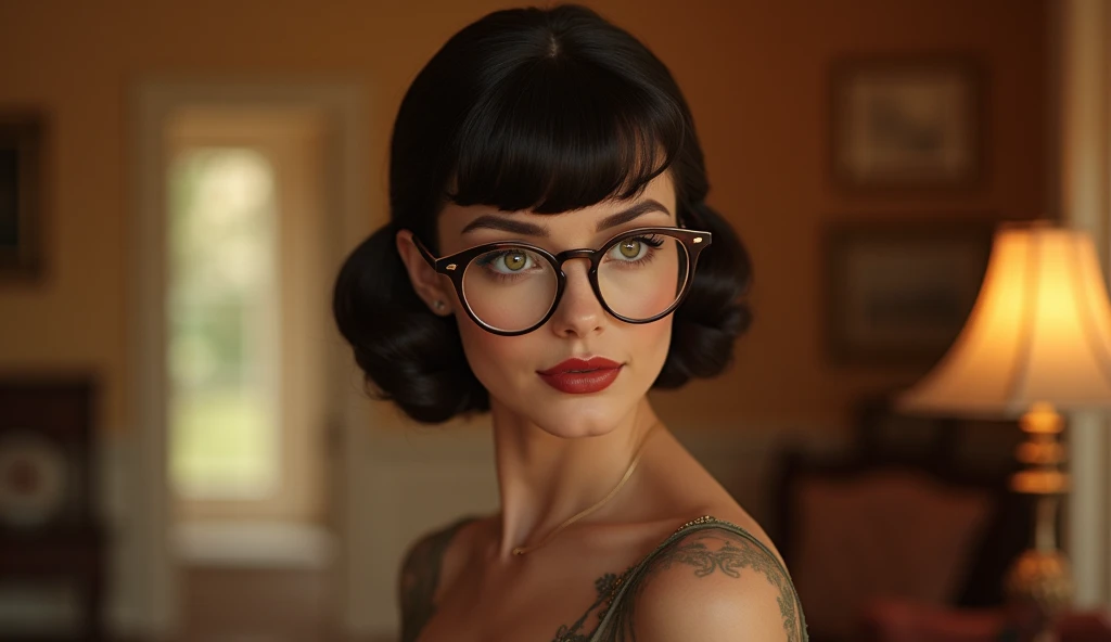 
vintage glaring bloom 1940s colour traditional sophisticated graceful stunning alluring model trophy wife female with formal dress , bangs hairstyle with formal posture very exquisite quaint elegant with glasses in her 1940s house warm color palette