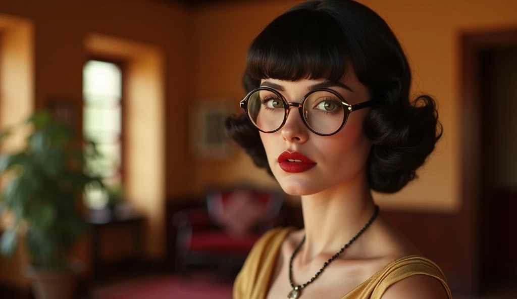 vintage glaring bloom 1940s colour traditional sophisticated graceful stunning alluring model trophy wife female with formal dress , bangs hairstyle with formal posture very exquisite quaint elegant with glasses in her 1940s house warm color palette