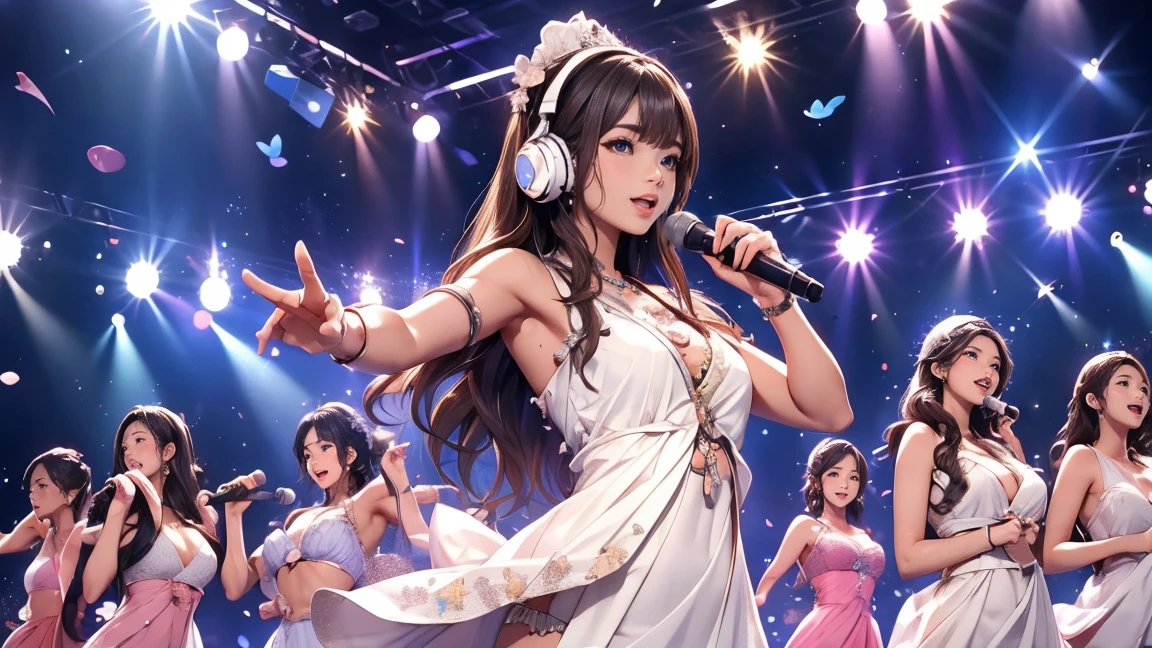 high resolution、High definition、High sensitivity、8k.Japanese、、1、cute、Long Hair、Side-up hair、slender、Mid-chest、Idol、White dress、Headphones、Underboob、Microphone in right hand、practice in the studio、Sing a song、