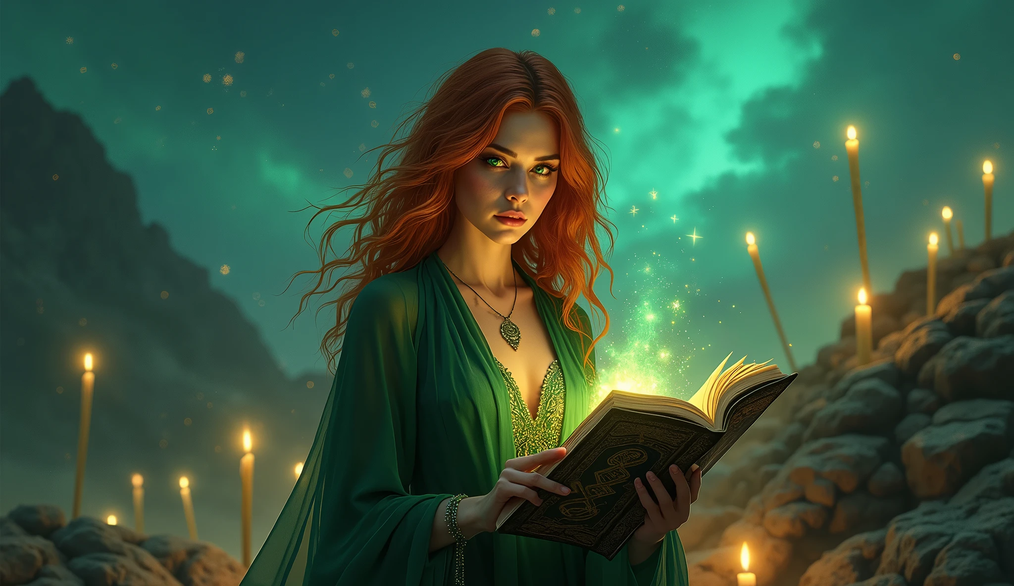 A beautiful and alluring witch, with emerald green eyes and fiery red hair, stands atop a rocky hill under a star-filled sky. She is dressed in a sheer, dark green robe that clings to her curves, revealing her skin. In her hands, she holds a large spellbook, its pages glowing with ancient runes. Her surroundings are lit by floating candles, and magical symbols hover in the air, casting an otherworldly glow. The scene conveys an aura of mysticism and forbidden knowledge. Aim for realistic depiction, make sure photos are at highest resolution (8K)