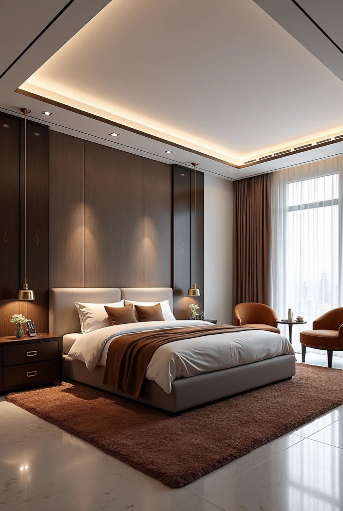 Professional 3d architecture rendering design of modern and so   Shiny Dark moss and shiny   Dark Thunder and dark  wooden  and  shiny dark violet  And dark gold French design for bedroom  and   Brown Persian  silk carpet and white painting wall and modern ceiling lighting and modern windows and elegant curtains and light cream painting wall and velvet floransa chairs 