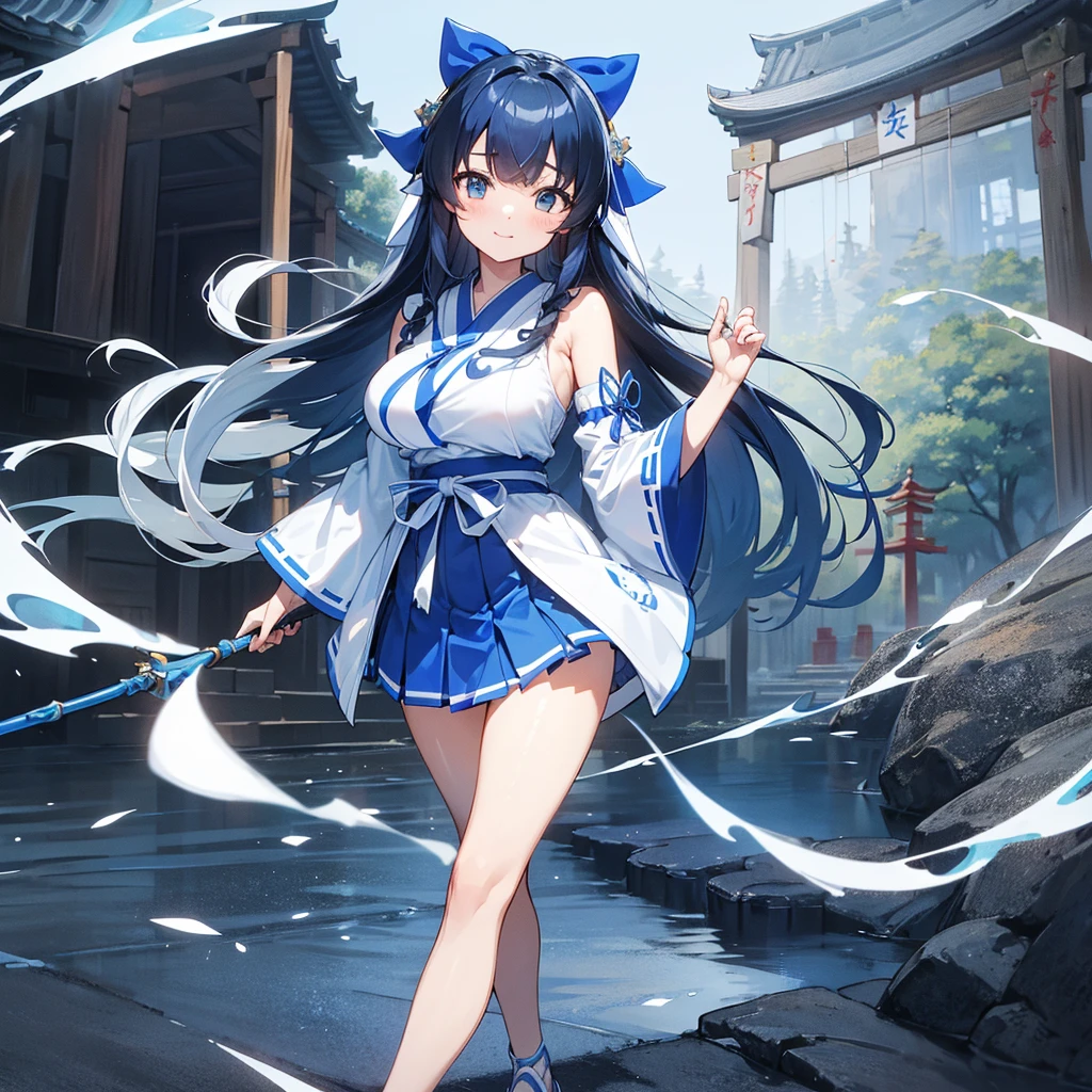 masterpiece,Highest quality,High resolution,Super detailed,hyper quality, highly detailed, (((gripping Spear))), The best smile、(((Blue and white shrine maiden costume))), (((青いmicro mini skirt))), Black hair straight、long hair、I don't wear anything on my feet、(((Blue Big Ribbon))), Large slit eyes、Straight bangs、Big Breasts、Blue sleeves、Girl、Height: 165cm、Are standing、Shrine Background