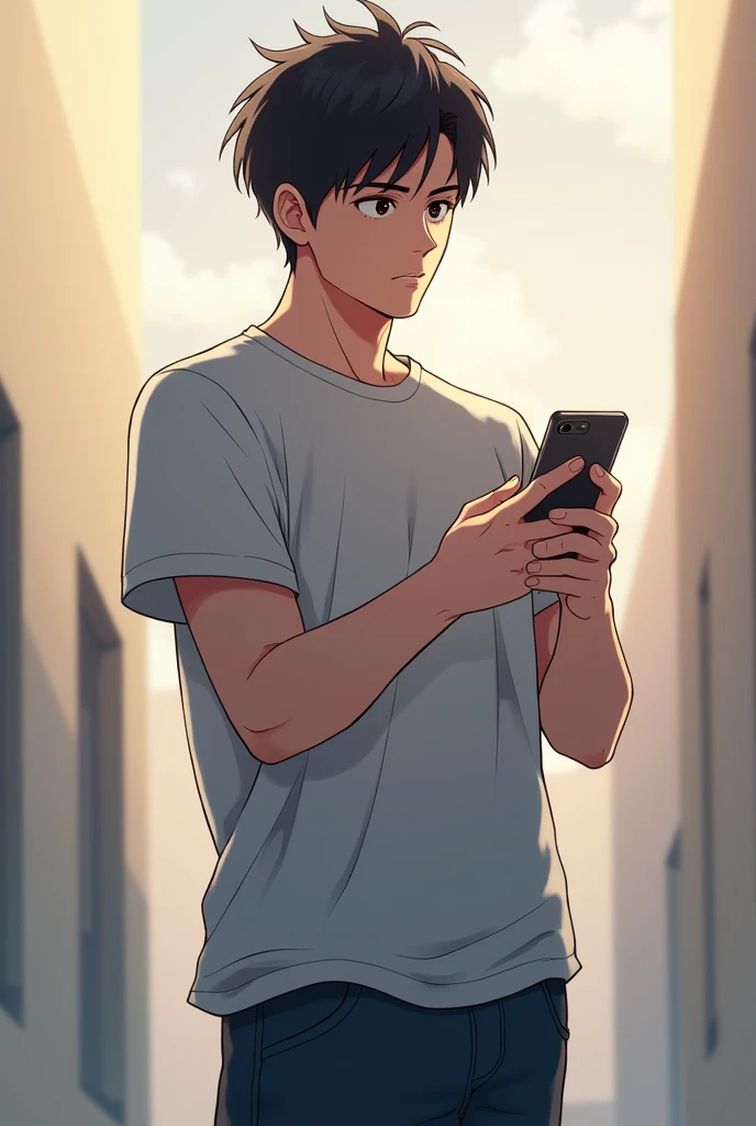 A young man standing with his phone in hands, he's focused, he wears casual outfit, anime style, realistic full body portrait