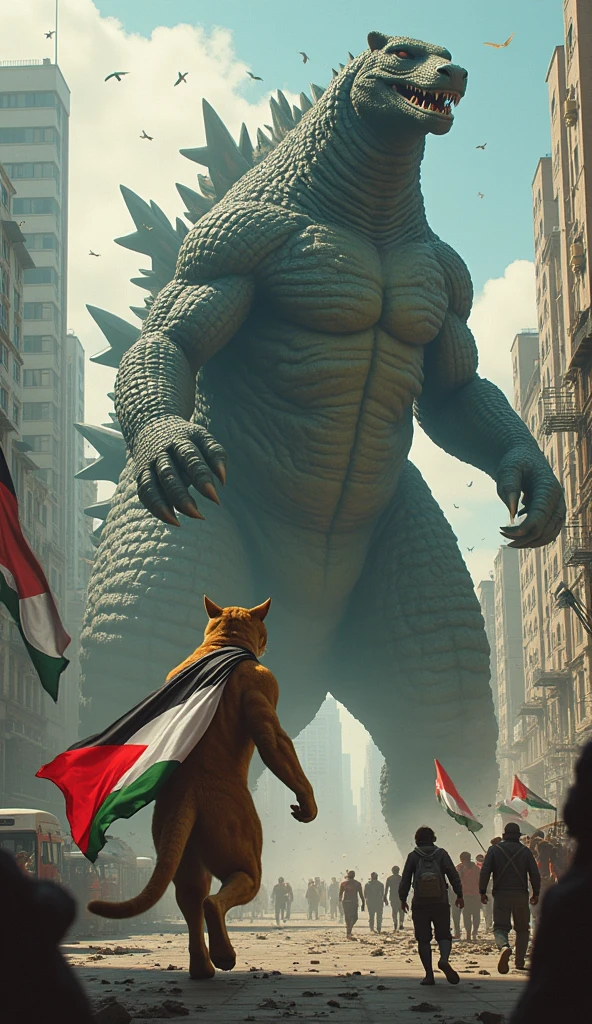 Create a realistic photo of a giant cat carrying a Palestinian flag fighting a giant Godzilla carrying an Israeli flag in the middle of the city
