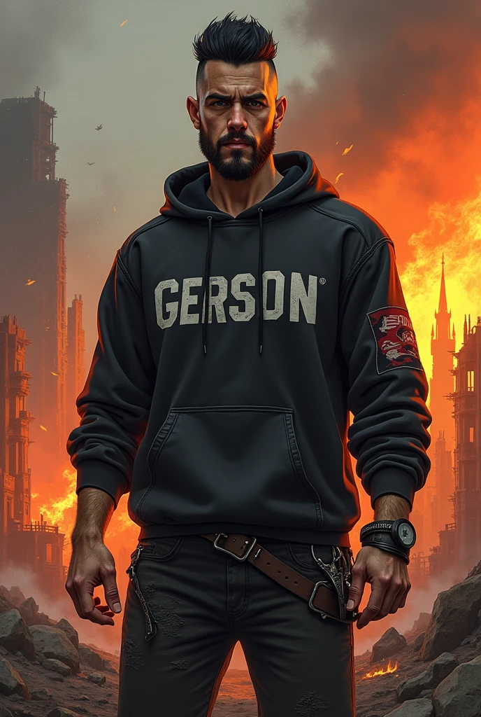 Rocker boy, with sweatshirt named Gerson, in a landscape of destruction and war in hell with lots of fire, megadeth style illustration, Medium long black hair shaved Viking style Viking style haircut age 25 years