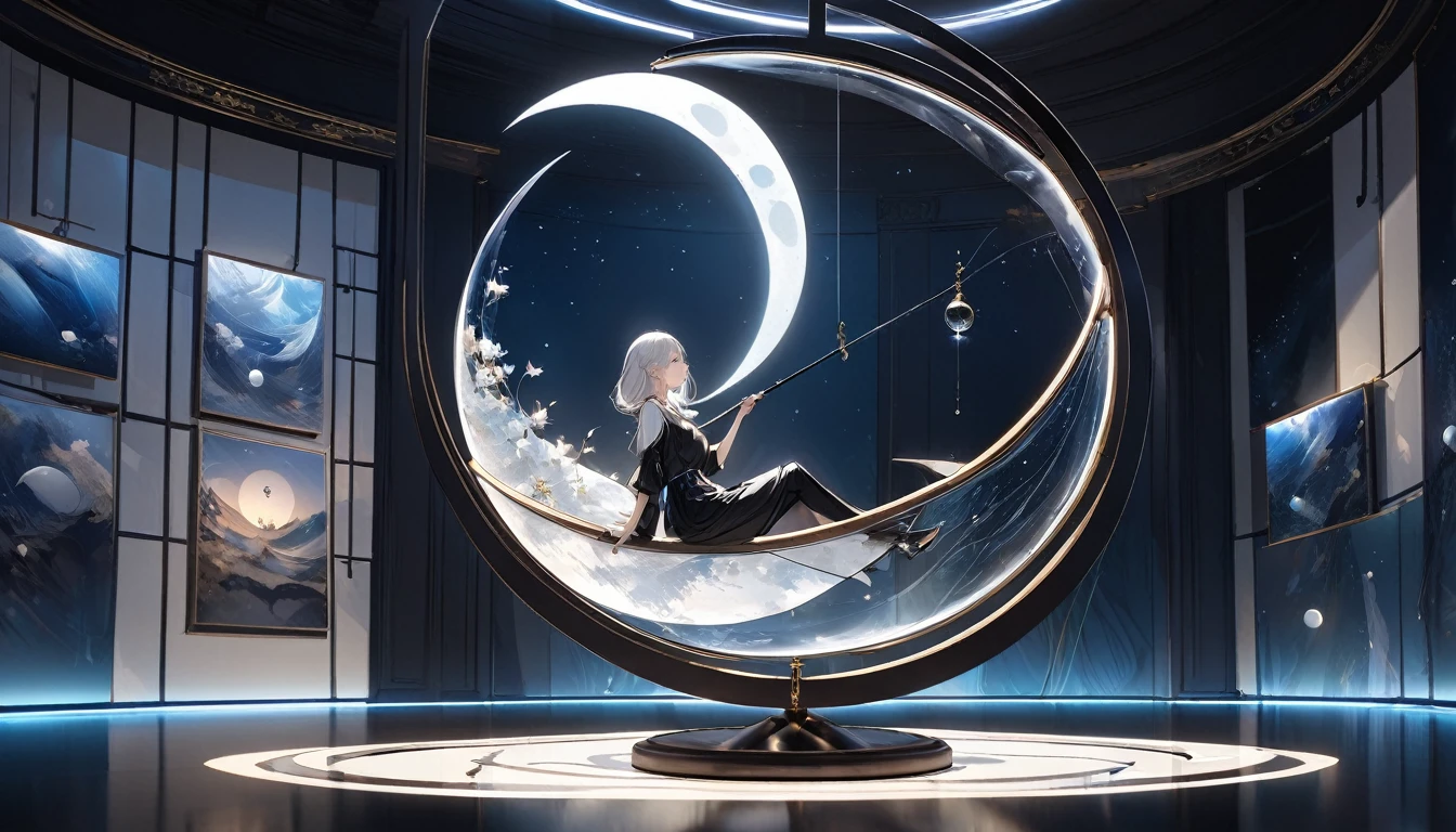 Attractive fishing girl sitting on the crescent moon, 1 person, A very thin line hangs straight down from the fishing rod., Aesthetic globe attached to the top, Transparent and beautiful interior lighting, Art Design, Dark pop fantasy, The aesthetics of minimalism