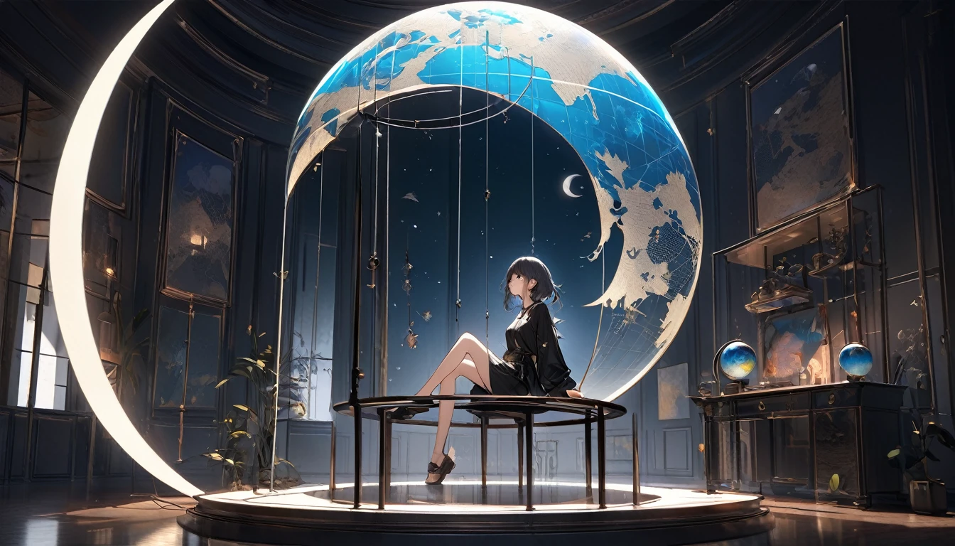 Attractive fishing girl sitting on the crescent moon, 1 person, A very thin line hangs straight down from the fishing rod., Aesthetic globe attached to the top, Transparent and beautiful interior lighting, Art Design, Dark pop fantasy, The aesthetics of minimalism