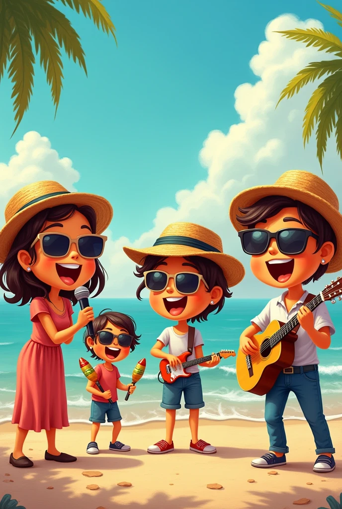 Emoticon in group of 5 total, 2 women singing and 3 men on instruments , smiling with dark glasses , coastal hat, drums and maracas , a gouache , microphones