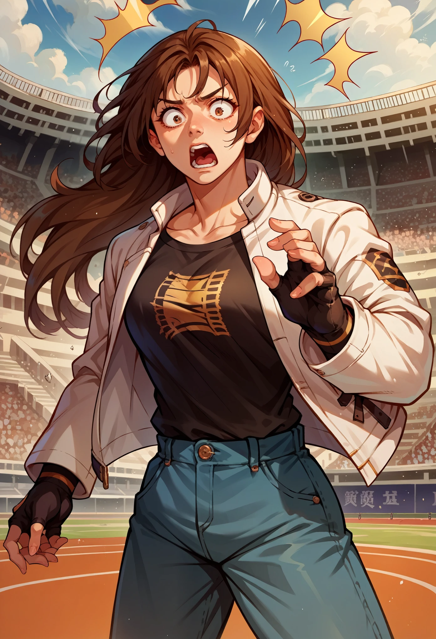 score_9, score_8_up, score_7_up, source_anime, 1girl, solo, (female:1.5), female focus, kyo_nest, brown hair, long hair, brown eyes, white jacket, open jacket, black shirt, blue pants, chain, fingerless gloves, standing, shocked, looking down, coliseum