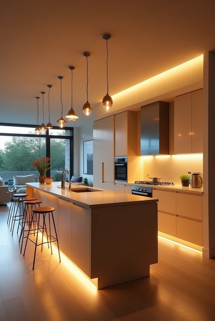 Create a complete kitchen design with a central island that incorporates different light sources, as recessed lights, Pendant lights and under cabinet lights. May the light be warm