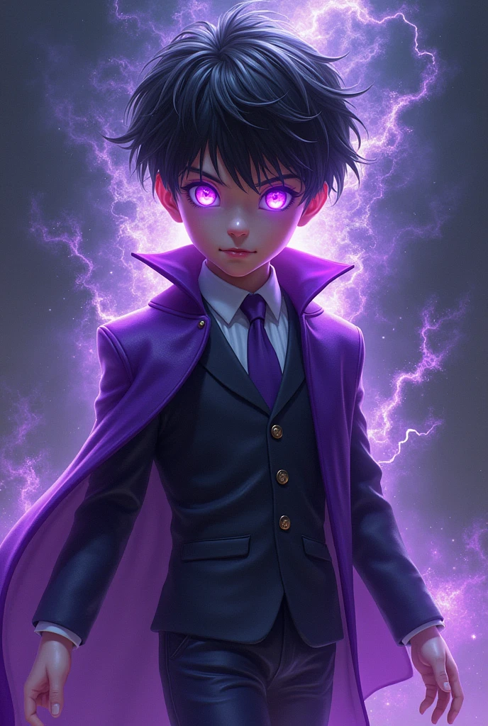Create an 1 boy, With pale white skin, hair black as night, transformed into its cosmic form, with purple and black suit, a purple and black semi-coat, His eyes have purple irises and emanate a purple cosmic aura of destruction