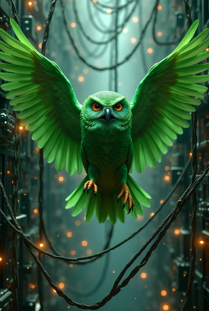 Create an image of a green owl emerging from a technological maze, celebrating a victory