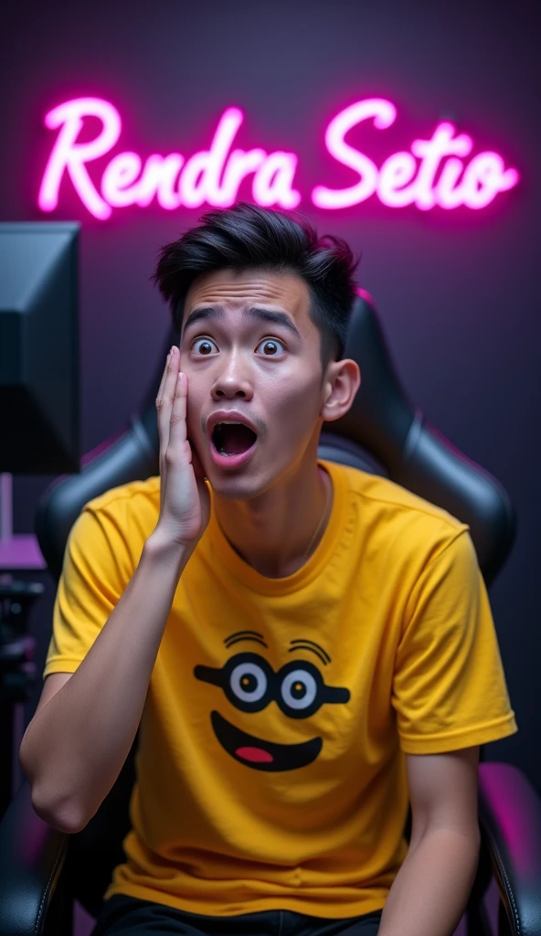 original photo. young man with an Indonesian face. hand on cheek, expression shocked, mouth open, eyes bulging. looking at the handphone camera. wearing a yellow minion t-shirt. in front of the camera and tripod as if you were live streaming in a professional studio with a gaming chair. The back wall has the name "RENDRA SETIO" written in neon writing. the room looks aesthetic. Ultra-realistic 8K photos, taken with Leica Q2, strong color contrast and sharp clarity --ar --quality 2 --