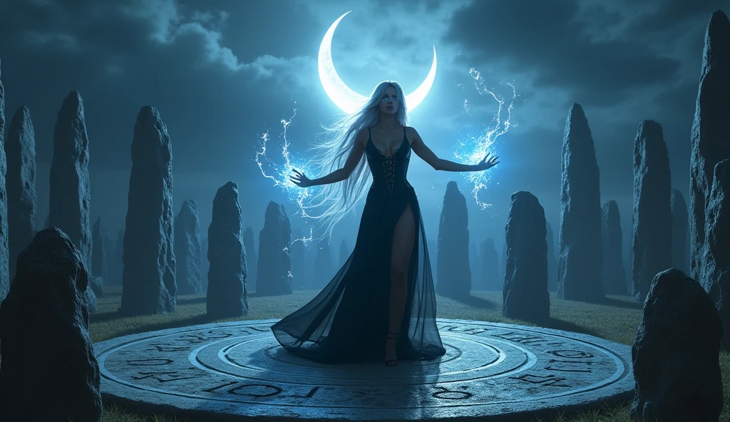 A seductive witch with long silver hair stands in the center of a stone circle under a crescent moon. She wears a black corset and a flowing skirt with high slits, exposing her legs. Her arms are outstretched as she casts a spell, with glowing runes appearing in the air around her. Her eyes shine with a magical blue light, and sparks of magic dance around her. The night sky above is filled with swirling clouds, and lightning crackles in the distance, adding to the dramatic and powerful atmosphere. Aim for realistic depiction, make sure photos are at highest resolution (8K)