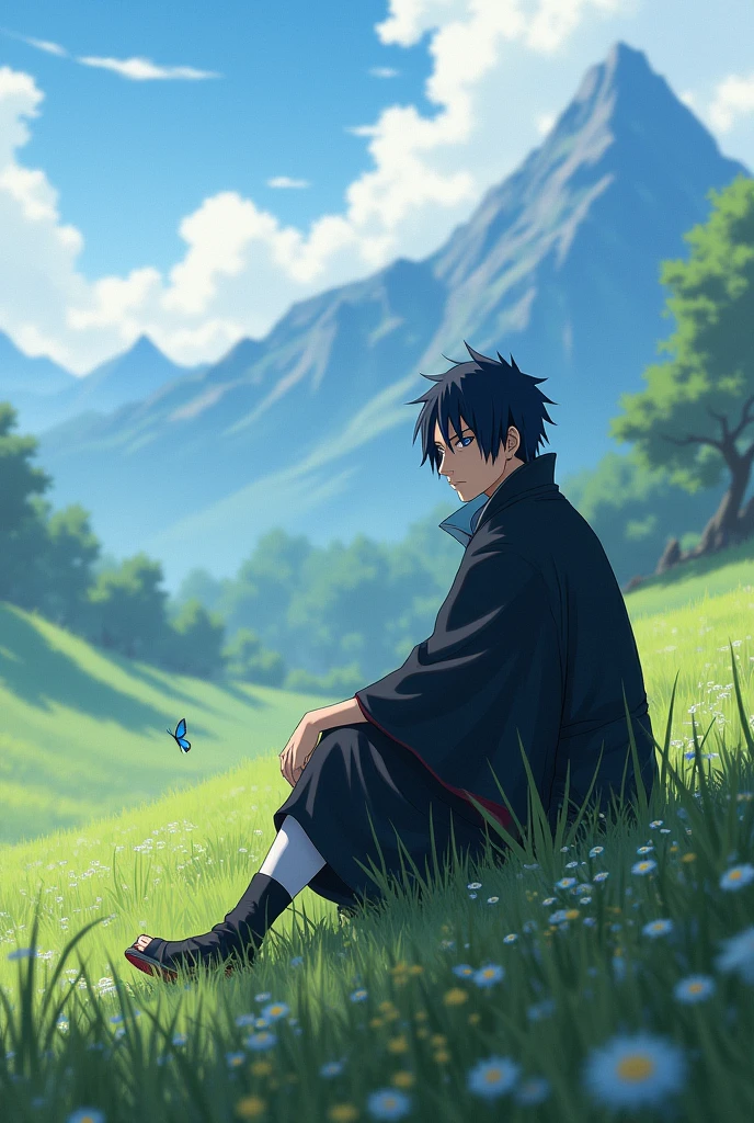 Itachi uchiha sit down in field.