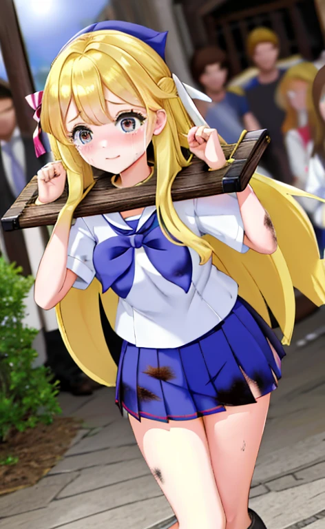 High school girl in sailor suit Pleated skirt mini skirt Beautiful long blonde hair Embarrassing Tears overflow from my eyes pillory 3girls dirty walking in the crowd Medieval town